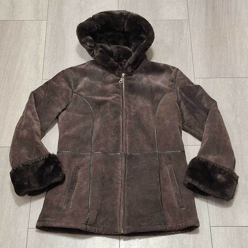 Vtg Y2K 90s Medium Wilsons Penny Lane Leather Suede Brown Hooded Coat Faux Fur